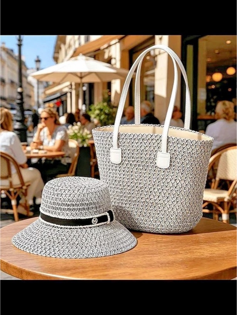 Woven Tote Bag & Sun Hat in Black & White NWT